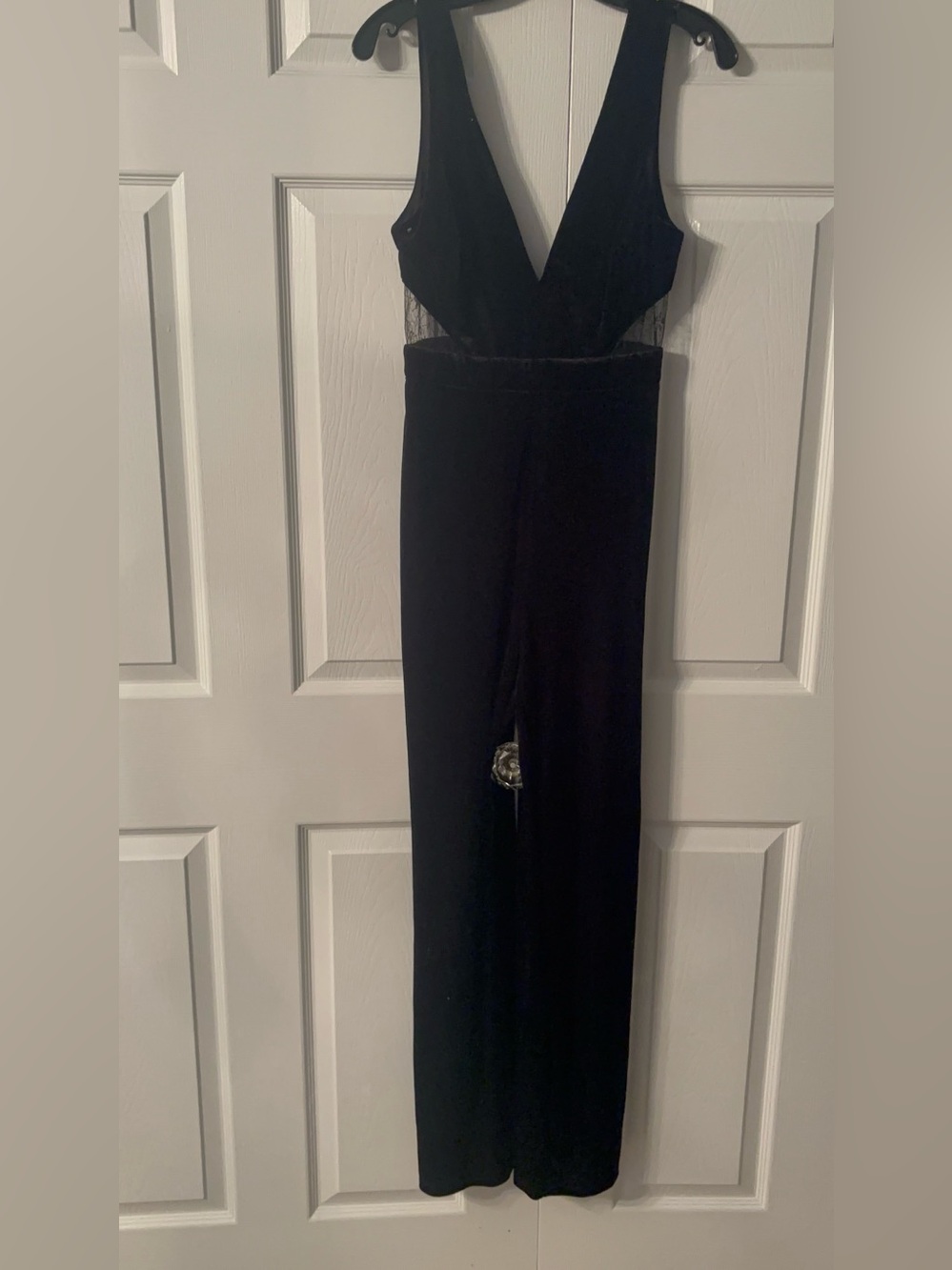 Black Deep V Wide-Leg Jumpsuit velvet